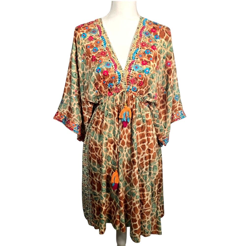 100% Silk Embroidered Boho Festival Dress Brown Green Small